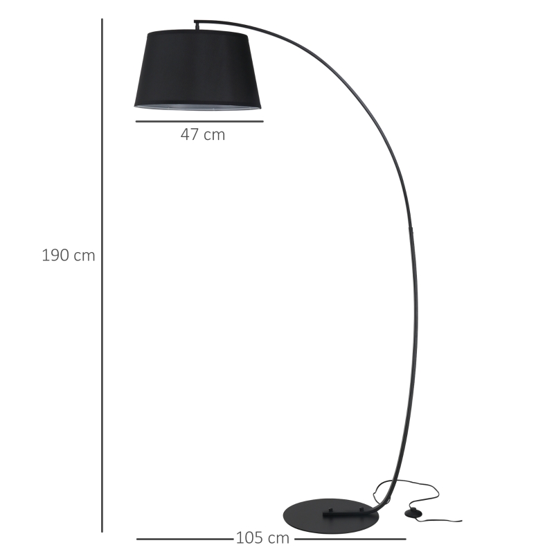 HOMCOM Lampada da Terra ad Arco con Paralume in Tessuto e Interruttore a Pedale, Ø47x105x190cm, Nera