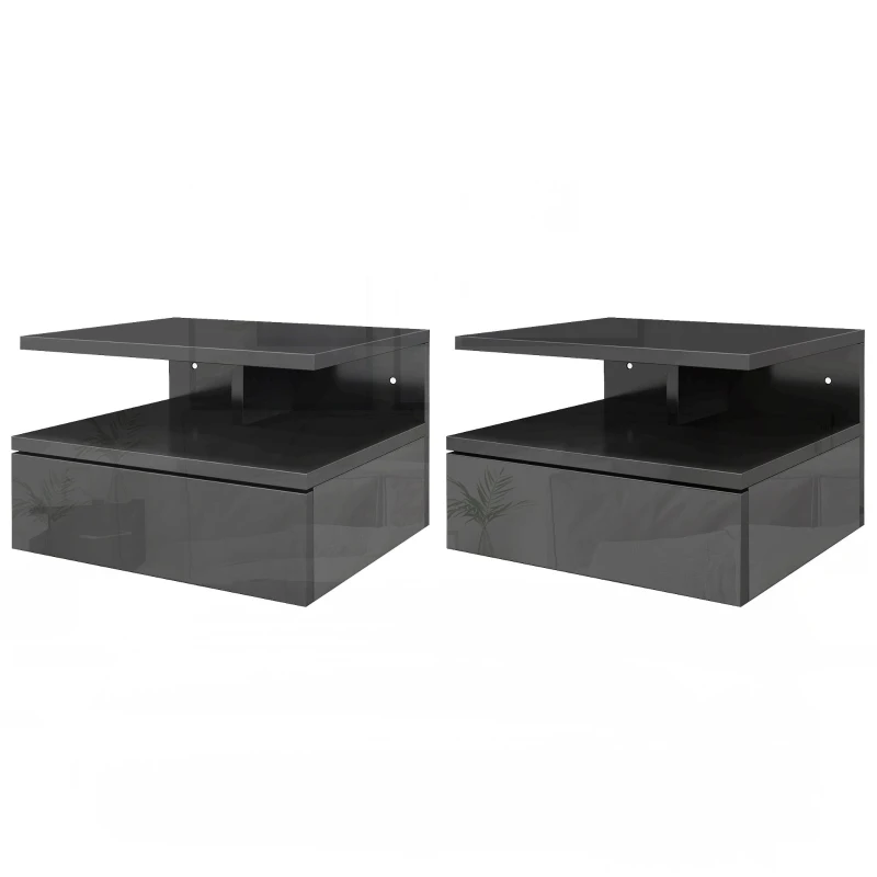HOMCOM Set da 2 Comodini Moderni Sospesi con Cassetto e Mensola in Legno 35x32x22.5cm, Nero Lucido