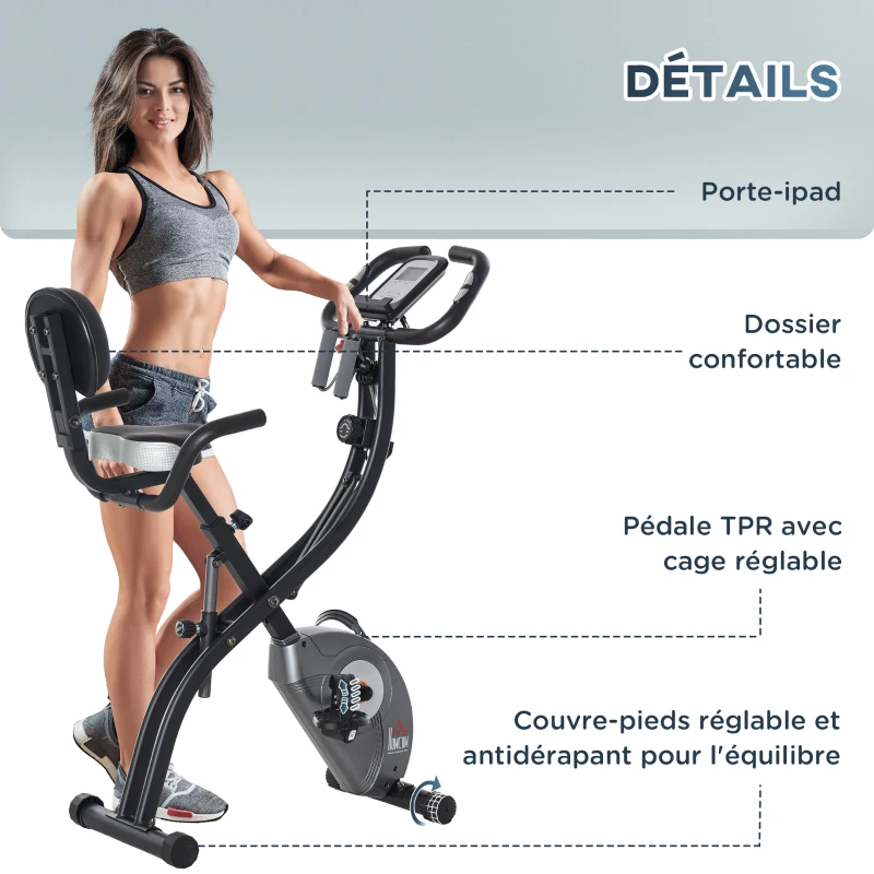 HOMCOM Vélo d'appartement magnetique pliant selle réglable dossier poignées ergonomiques écran LCD multifonction bandes résistances support smartphone acier noir