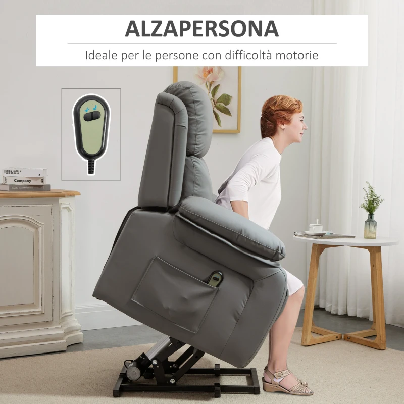 HOMCOM Poltrona Relax Elettrica e Alzapersona Reclinabile fino 160° con Telecomando, in Similpelle - Grigio
