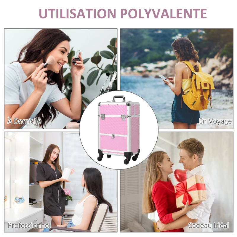 HOMCOM Valise trolley maquillage mallette cosmétique vanity poignée télescopique réglable 34L x 25l x 62H cm alu. rose
