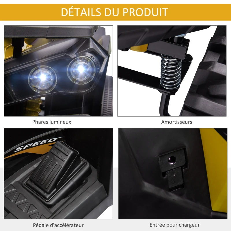 HOMCOM Quad Buggy électrique Enfant 12 V 8 Km/h Max. Voiture électrique Enfant avec Effets Lumineux sonores Selle avec Dossier Porte-Bagage Avant métal PP Jaune Noir(m-7)