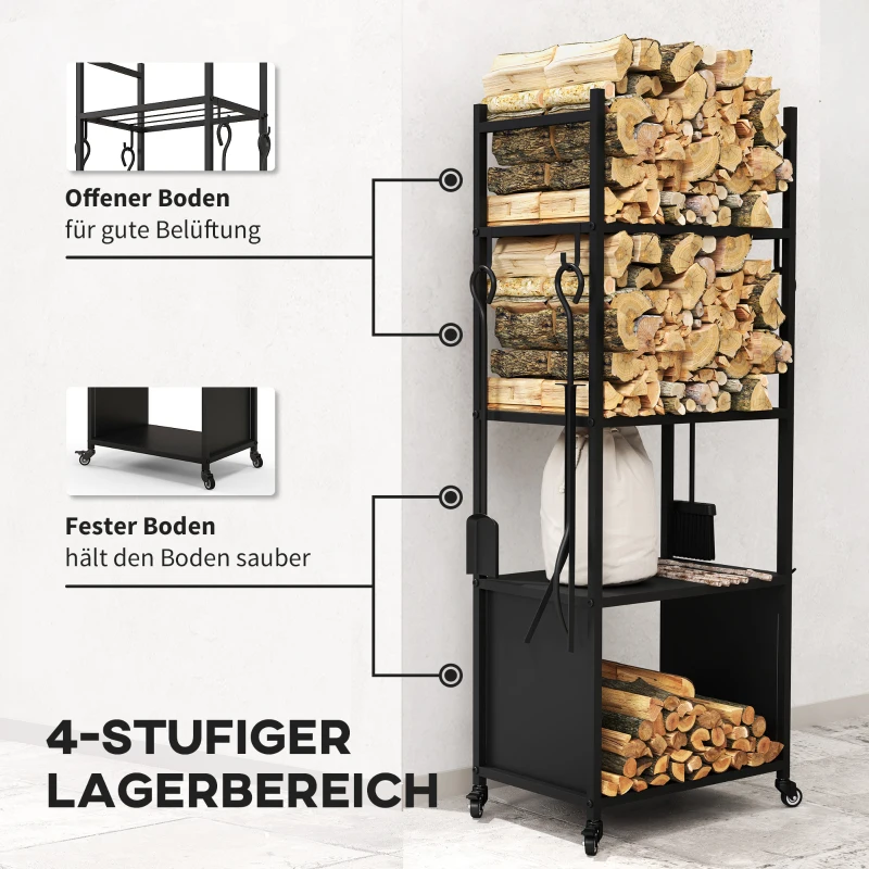 Outsunny 4-Ebenen-Feuerholzregal mit Rädern und 4 Werkzeugen, Brennholzregal aus Metall für den Innen- und Außenbereich, Schwarz