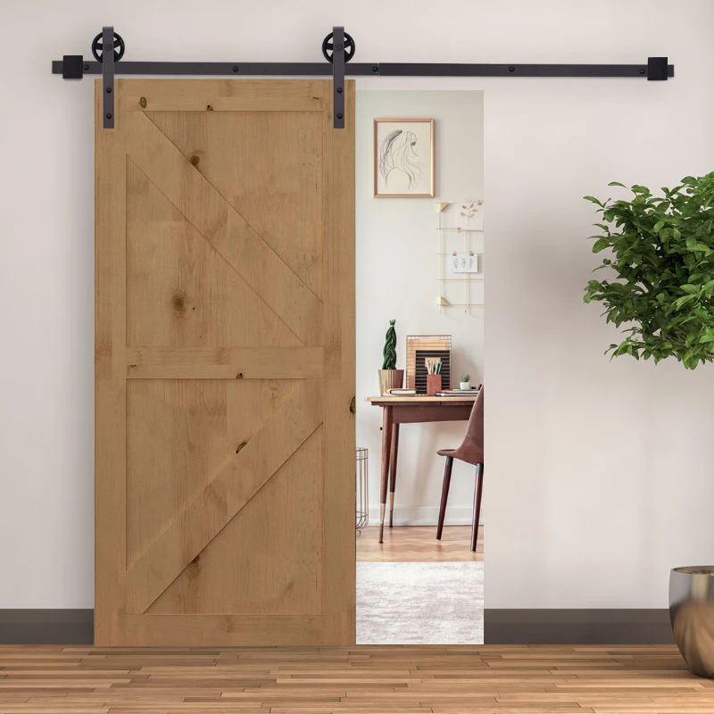 HOMCOM 6FT/183cm Herraje para Puerta Corredera Kit de Puerta Corrediza de Madera con Guía de Suelo Riel de Acero al Carbono Café Oscuro