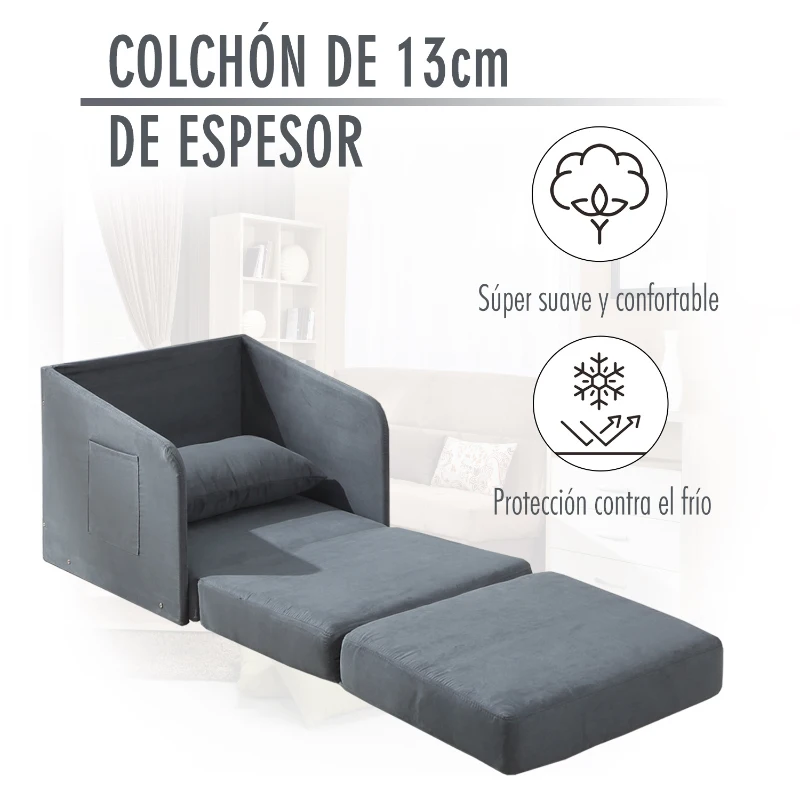 HOMCOM Sofá Cama Individual con Apoyabrazos para Salón Estudio Dormitorio Bolsillos en 2 Lados con 1 Almohada Carga 150kg 70x74×78cm Gris