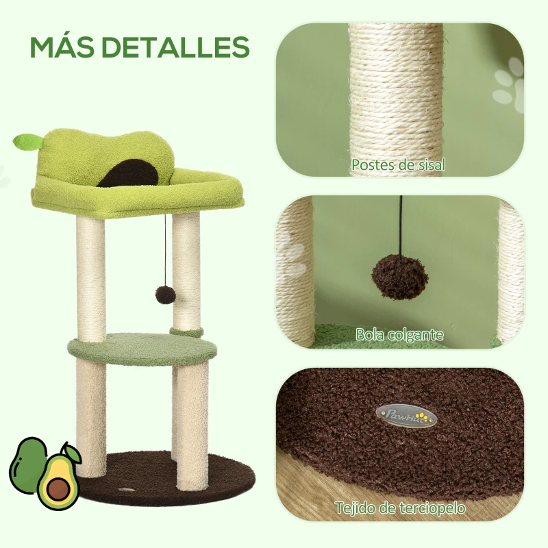 PawHut Árbol Rascador para Gatos con Cama en Forma de Aguacate Plataforma Postes de Sisal y Bola Colgante Ø44x83cm Verde