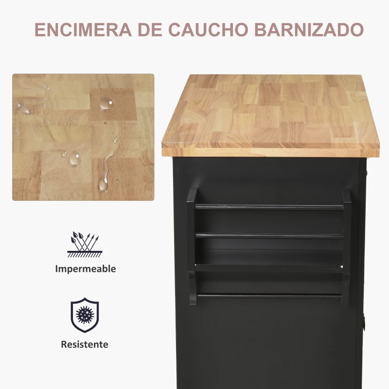 HOMCOM Isla de Cocina con Ruedas Mueble Auxiliar de Cocina con Especiero y Barra Lateral 111x44,5x82,5 cm Negro