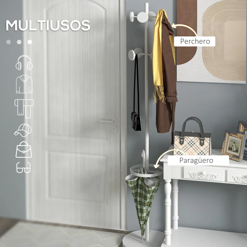 HOMCOM Perchero de Pie con Paragüero con 12 Ganchos para Colgar Ropa Bolsas Paraguas Forma de Árbol Ø34x177 cm Blanco