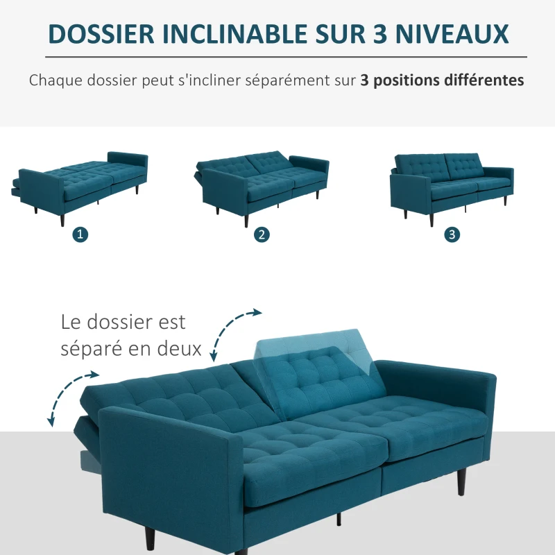HOMCOM Canapé Convertible 3 Places Design Contemporain Dossier inclinable indépendamment 3 Positions Lin Bleu Canard