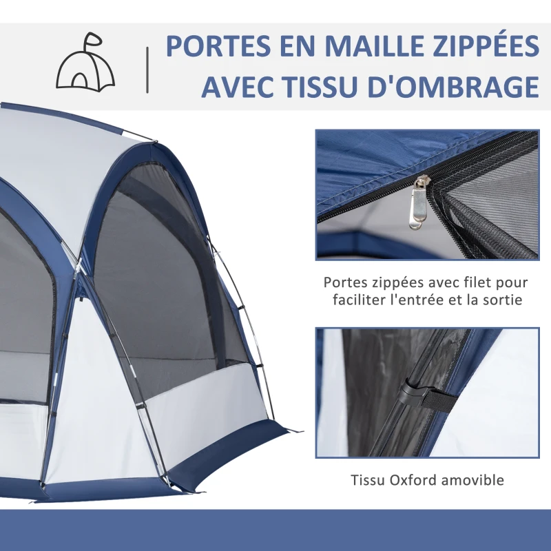 Outsunny Tente de camping dôme familiale pour 6-8 personnes avec 4 portes en filet zippées, tissu Oxford amovible, crochet pour lampe, sac de transport dim. 350L x 350l x 230H cm - blanc et bleu
