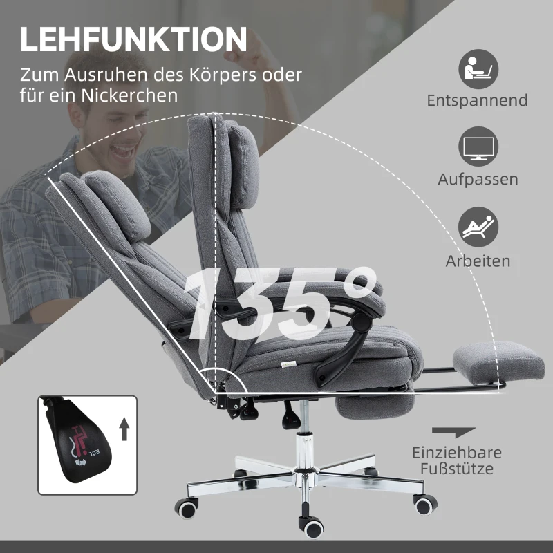 Vinsetto Bürostuhl mit Massagefunktion, neigbare Rücklehne, ausziehbare Fußstütze, Leinenoptik, grau, 65 x 61 x 113 cm