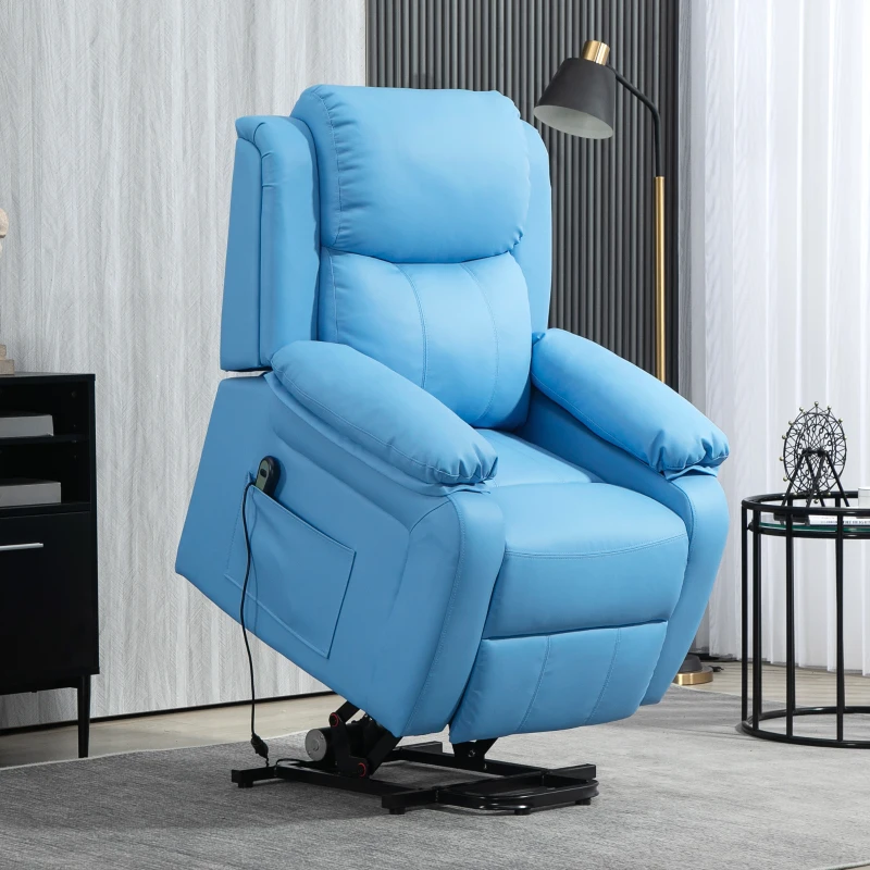 HOMCOM Poltrona Alzapersona Reclinabile con Poggiapiedi e Telecomando, in Pelle PU, 76x90x105 cm, Azzurro