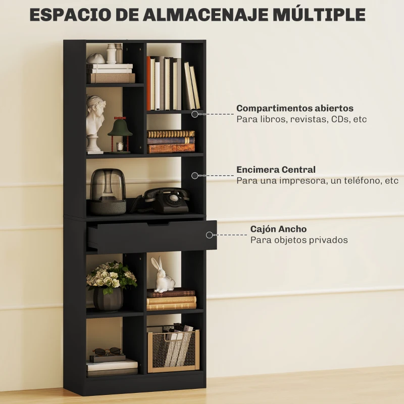 HOMCOM Estantería para Libros con 1 Cajón y 9 Compartimentos Mueble Librería para Salón Oficina Estudio 60x26x158cm Negro