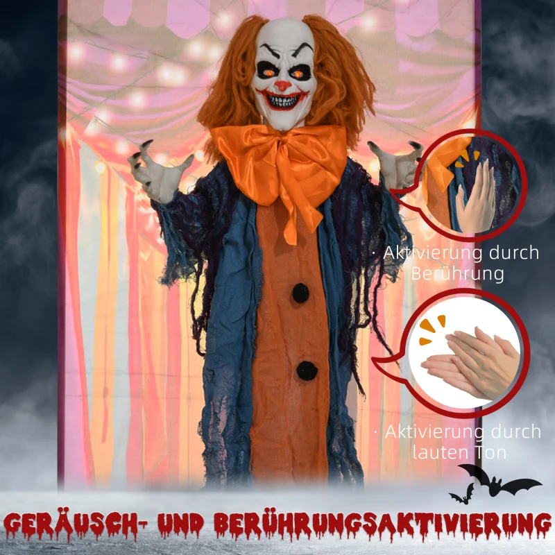 HOMCOM Horrorclown, Helloweendeko, aktiviert mit Geräusche/Berührung, rote Augen, Sound, 168 cm(m-6)