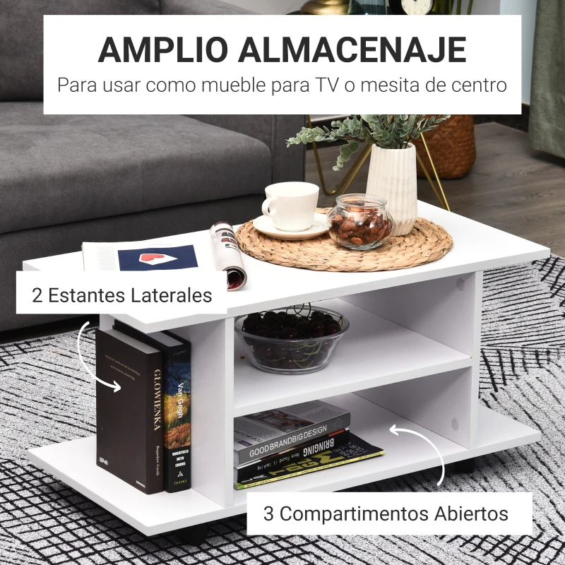HOMCOM Mueble para Televisión Mesa para TV con Estantes y Ruedas con Bloqueo Superficie de Melamina 80x40x40 cm Blanco