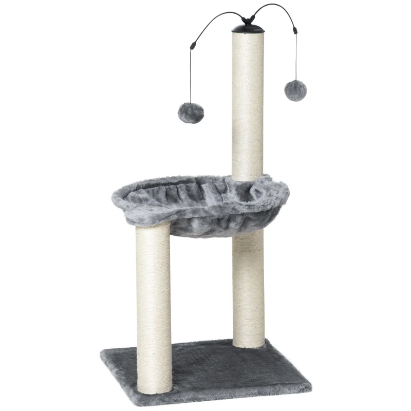 PawHut Arbre à chat 2 griffoirs grattoirs sisal naturel hamac jeu 2 boules suspendues peluche courte haute densité 400 g/m² gris