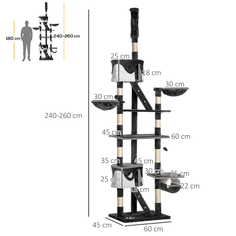 PawHut Tiragraffi per Gatti a Soffitto con Altezza Regolabile 240-260 cm, Albero Tiragraffi per Gatti Multilivello con Cucce, Amache e Scale, Corde in Sisal, Grigio Scuro e Bianco
