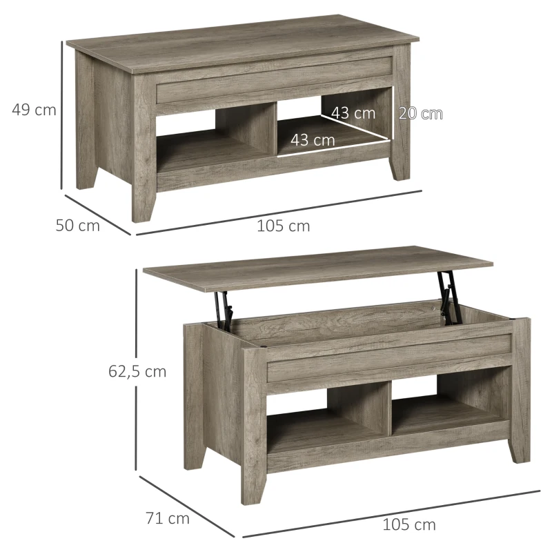 HOMCOM Table basse plateau relevable, table de salon avec étagères et compartiment caché,105 x 50 x 49-62,5 cm pour salon, chambre, aspect chêne clair