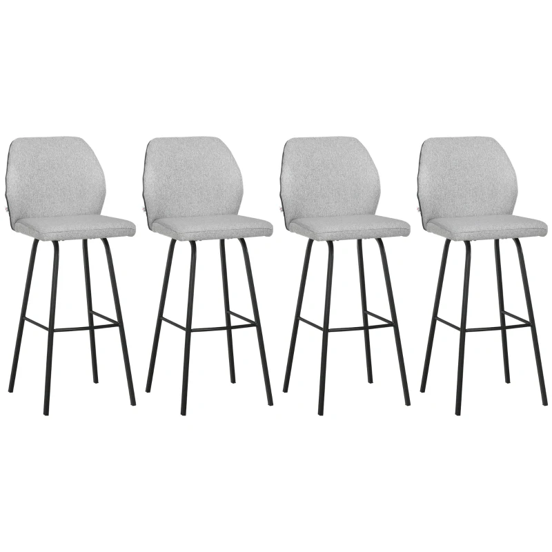 HOMCOM Bar Stools Set of 4, Linen-Touch Upholstered Bar Chairs, Kitchen Stools with Backs and Steel Legs for Dining Room, Light Grey