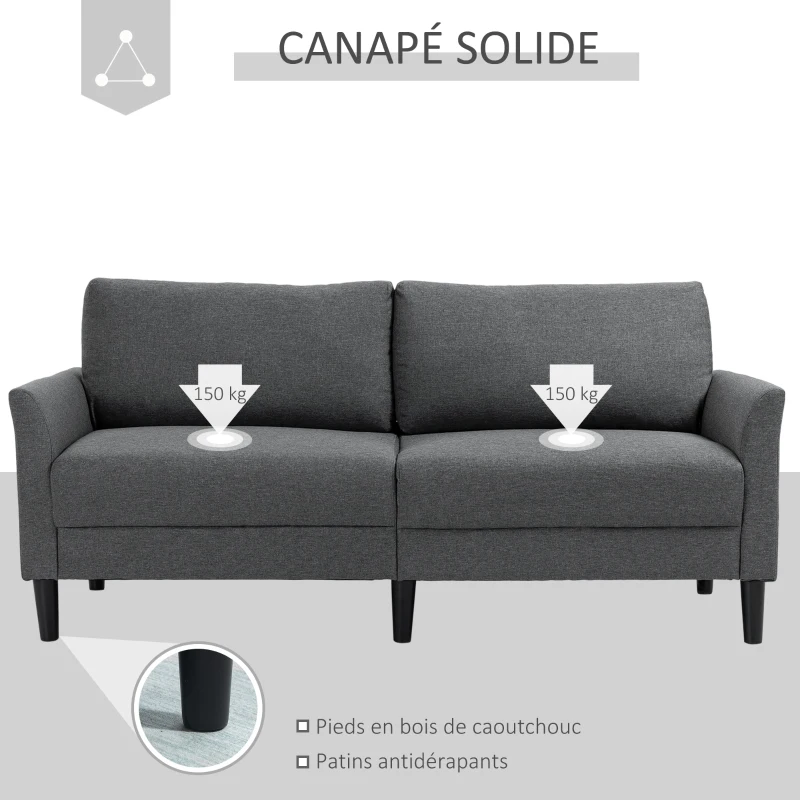 HOMCOM Canapé 3 Places Style Contemporain assises Larges Profondes accoudoirs courbés piètement effilé Bois hévéa Noir Polyester Gris foncé