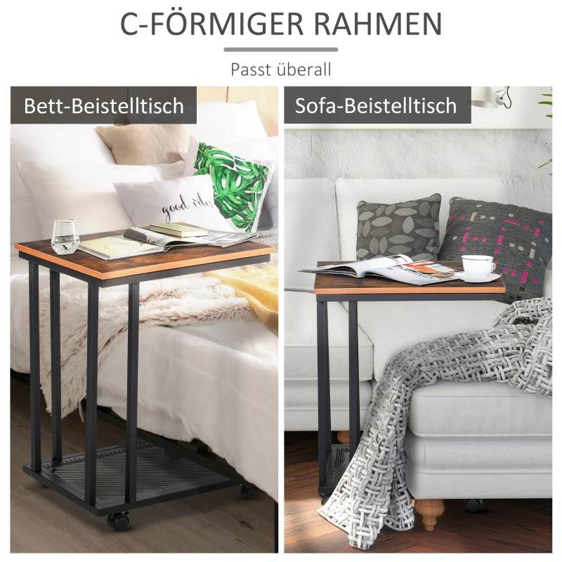 HOMCOM Beistelltisch C-Form Rollwagen Servierwagen Laptoptisch Sofatisch Beistelltisch Nachttisch Betttisch mit Metallgestell Industrie-Design Nachttisch Schwarz + Walnuss gemasert 51 x 36 x 65 cm