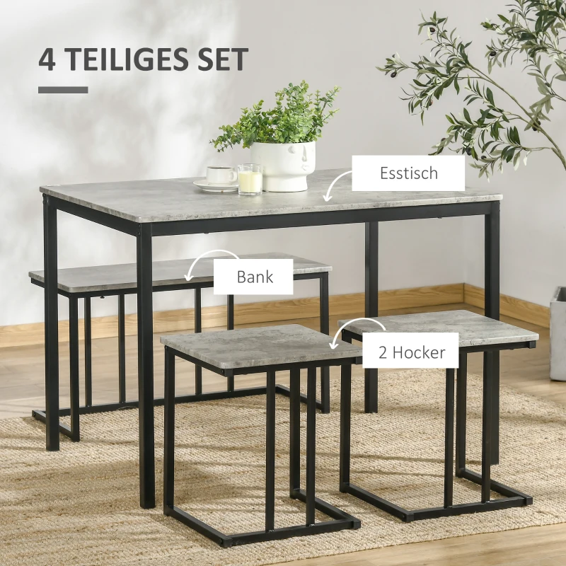 HOMCOM Essgarnitur, 4-teilig, Tisch, 2 Hocker und Bank, kompakt, Metallrahmen, Grau