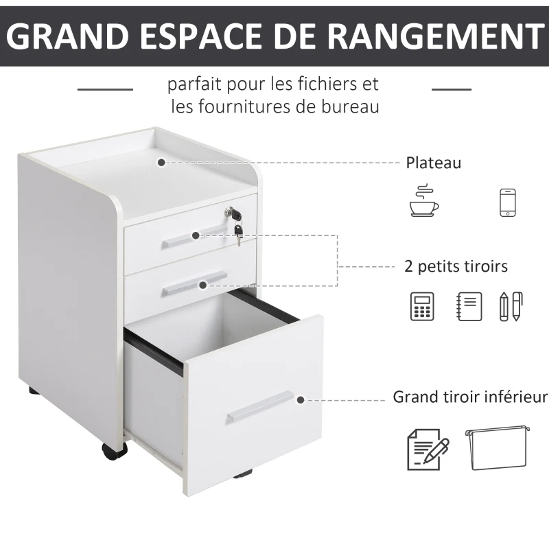 HOMCOM Caisson de bureau rangement bureau sur roulettes 3 tiroirs 1 verrouillable 1 trieur dossiers en bois blanc