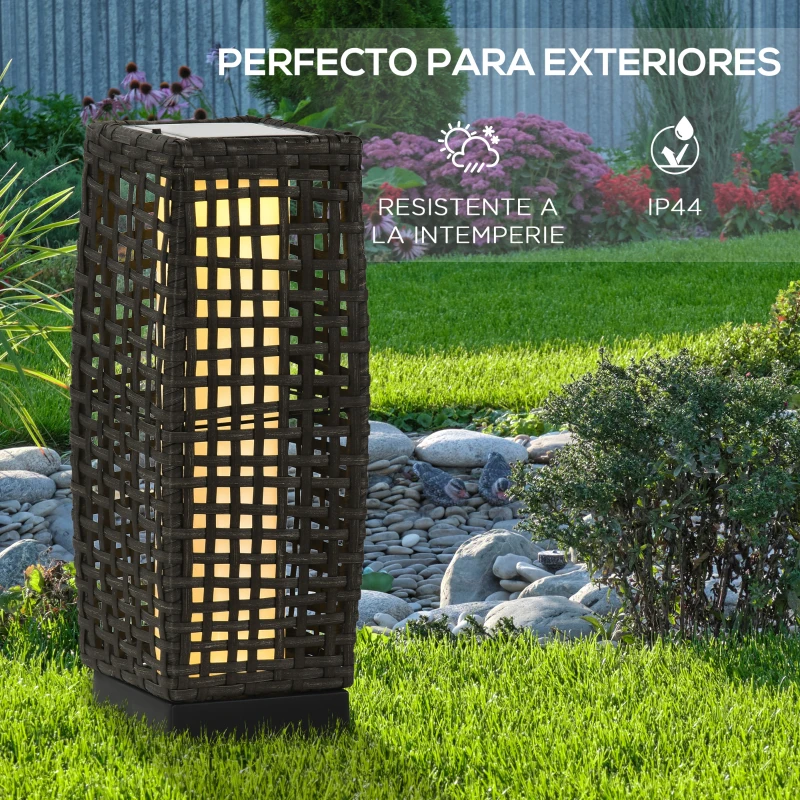 Outsunny Lámpara Solar de Jardín de Ratán Sintético con Luces LED Encendido/Apagado Automático 17x17x46 cm Gris