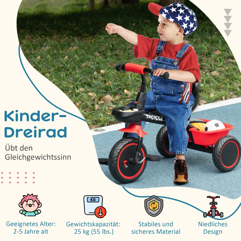 AIYAPLAY Kinderdreirad mit Beckengurt, 2 Körben, höhenverstellbarer Sitz, Metallrahmen, für Kinder 2-5 Jahre, schwarz+rot