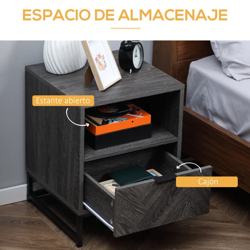 HOMCOM Mesita de Noche Estilo Moderno con 1 Cajón y Estante Abierto para Dormitorio Salón Oficina 40x40x52cm Gris Oscuro