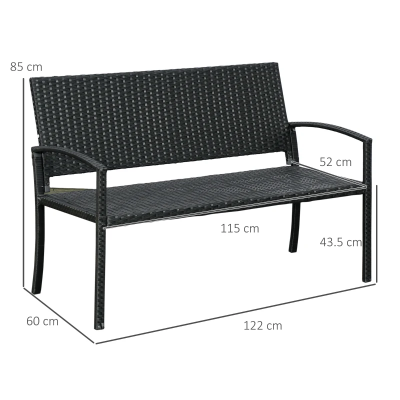 Outsunny Panchina da Giardino ed Esterno in Rattan, Panca in Rattan Nero 2 Posti, 122x60x85cm