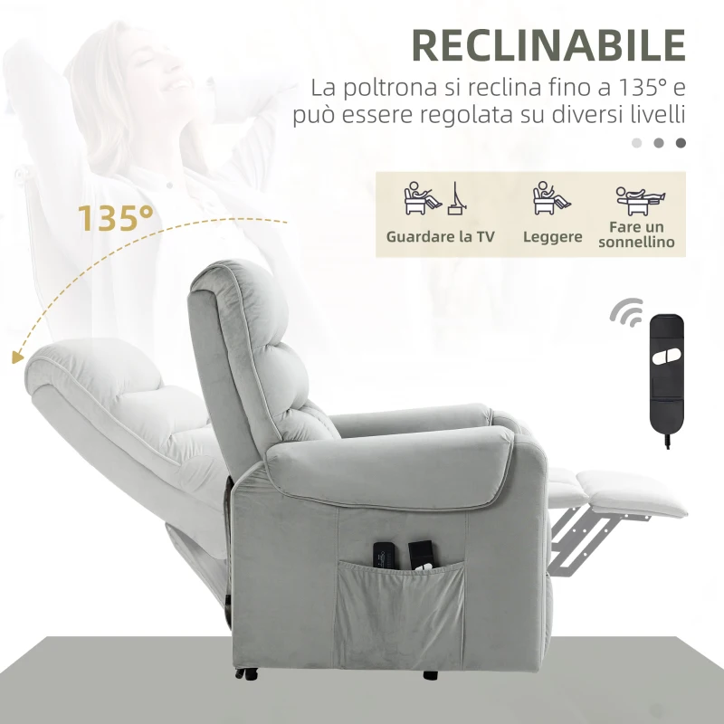 HOMCOM Poltrona Relax Reclinabile a 135°, Massaggiante e Alzapersona con Telecomando, 79x97x103cm, Grigio