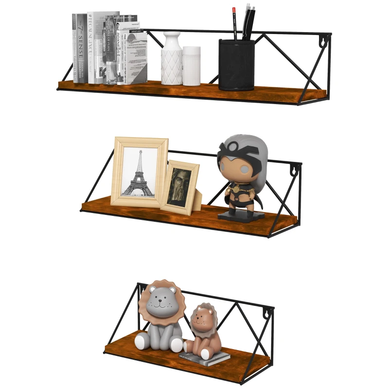 HOMCOM Set de 3 Estantes Flotantes para Salón Dormitorio Pasillo 30x12x12cm 40x12x12cm 50x12x12cm Marrón Rústico y Negro