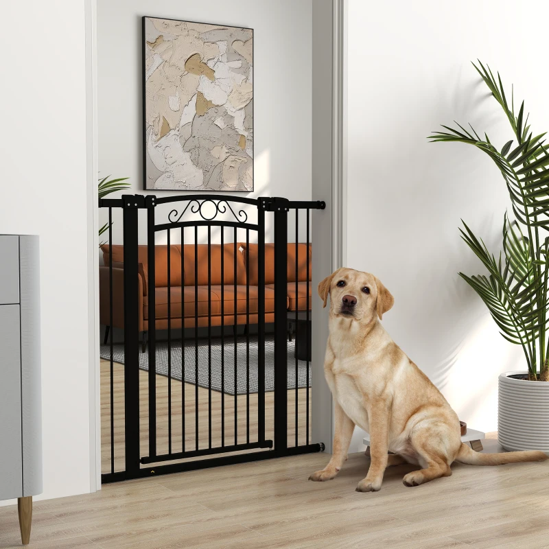 PawHut Puerta para Perros con Ancho Ajustable 76-104 cm Barrera de Seguridad con 2 Extensiones y Doble Bloqueo Negro