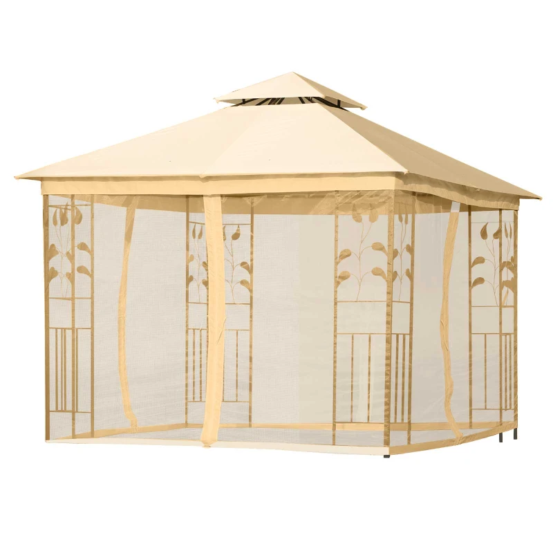 Outsunny Luxus Pavillon 3x3 m Gartenpavillon mit Doppeldach Partyzelt mit Seitenteilen Festzelt Gartenzelt Pagode Beige