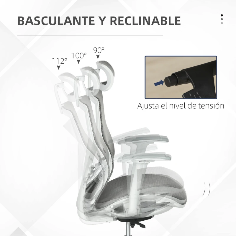 Vinsetto Silla de Oficina Giratoria Silla de Escritorio Ajustable en Altura con Reposabrazos Reposacabezas 67x65x120-128 cm Gris