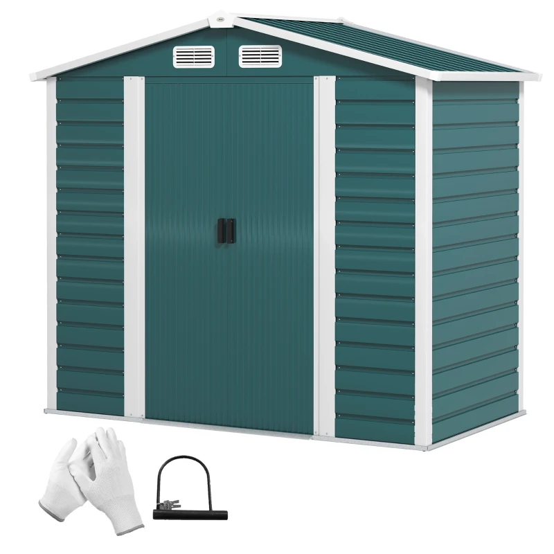 Outsunny 7 x 4ft Garden Shed, Easy to Assemble, Upgraded Galvanised Steel Frame with Foundation Kit, Double Doors with Lock, Outdoor Metal Shed with Vents and Gloves, Garden Storage Shed, Green