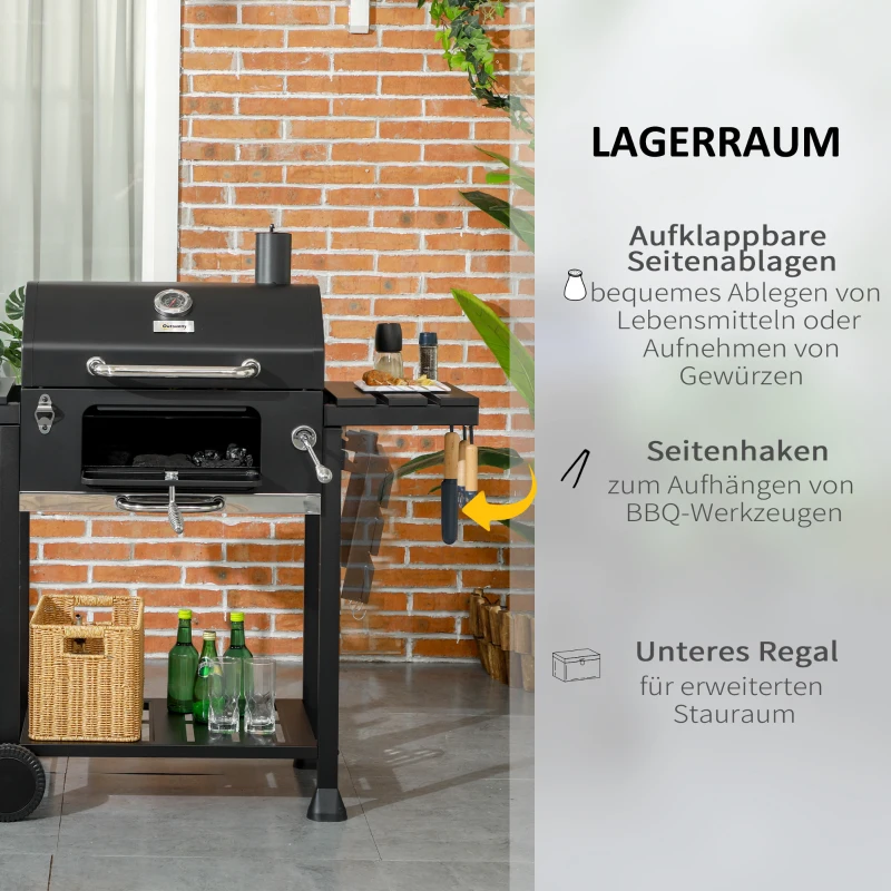 Outsunny Kohlegrill BBQ-Grill Smoker, inkl. Thermometer, Flaschenöffner, 120 x 64 x 114 cm, Schwarz