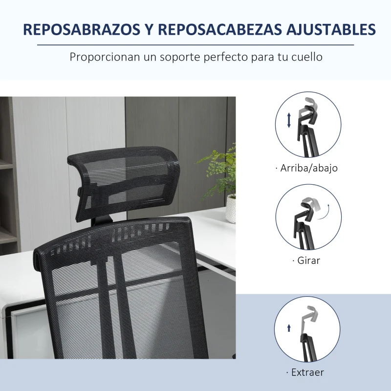 Vinsetto Silla de Malla Giratoria y Reclinable con Altura Ajustable Reposabrazos Reposacabezas y Soporte Lumbar Regulable Negro