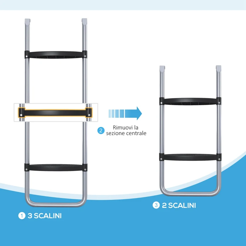 SPORTNOW Scaletta per Trampolino Elastico Regolabile a 3 o 2 Scalini in Acciaio, 97x32cm, Argento