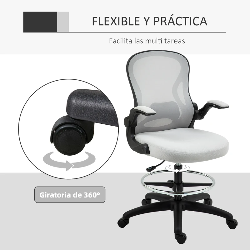 Vinsetto Silla de Dibujo Giratoria con Soporte Lumbar Reposapiés Ajustable y Reposabrazos Abatibles 59x65x102-122 cm Gris Claro