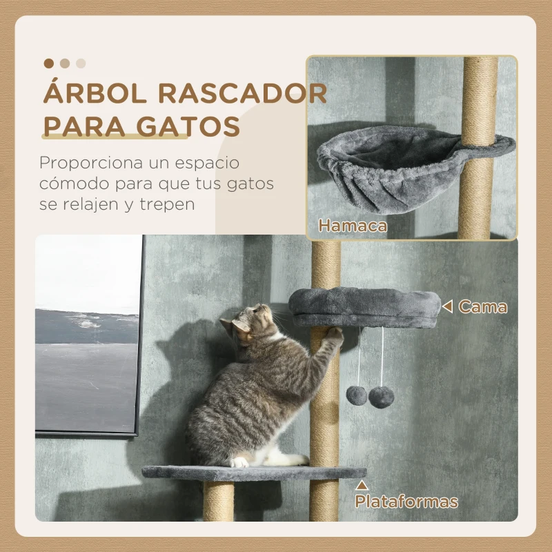 PawHut Árbol para Gatos de Suelo a Techo de 230-250 cm con Altura Ajustable Múltiples Plataformas Cestos Hamaca Bolas Gris