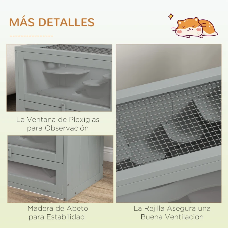 PawHut Jaula para Hámster de Madera de 2 Niveles Casa para Animales Pequeños con Plataformas Escaleras 60x35x42 cm Gris