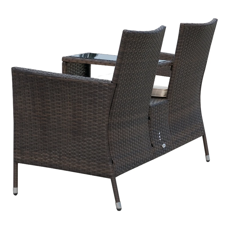 Outsunny Divano da Giardino a 2 Posti con Tavolino con Cuscini Poly Rattan 63 × 133 × 84cm Marrone