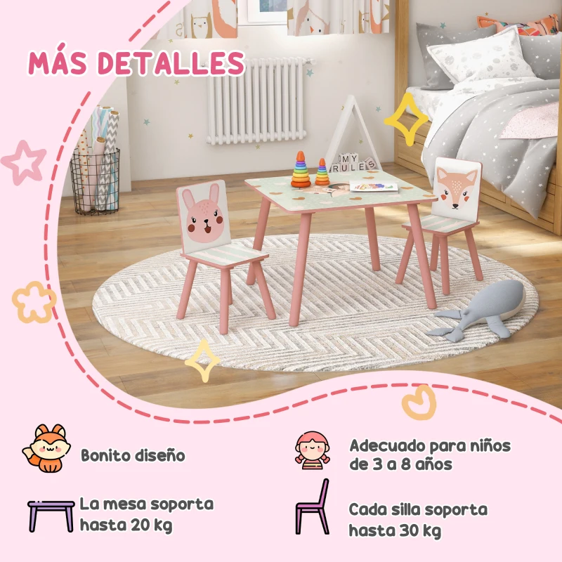 ZONEKIZ Set de Mesa y 2 Sillas Conjunto de Muebles Infantiles de 3 Piezas para Niños de +3 Años con Estampado Animales y Rosa