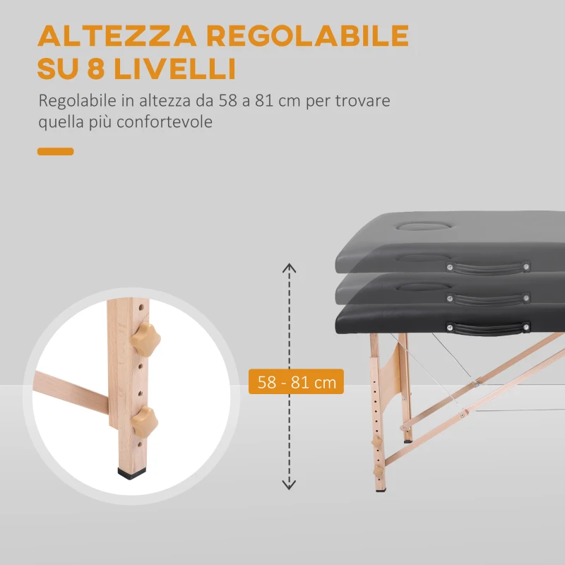 HOMCOM Lettino per Massaggio Portatile e Regolabile con Cuscino Rimovibile e Borsa, 186x60x58-81 cm, Nero