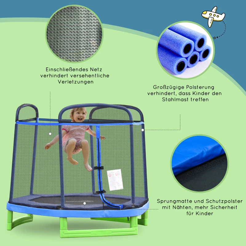 HOMCOM 7FT Kinder Trampolin mit Sicherheitsnetz Kleinkind-Trampolin für drinnen und draußen Fitnesstrampolin Gartentrampolin für 3-12 Jahre Kinder bis 80 kg Stahl Blau+Grün 215 x 200 x 190 cm