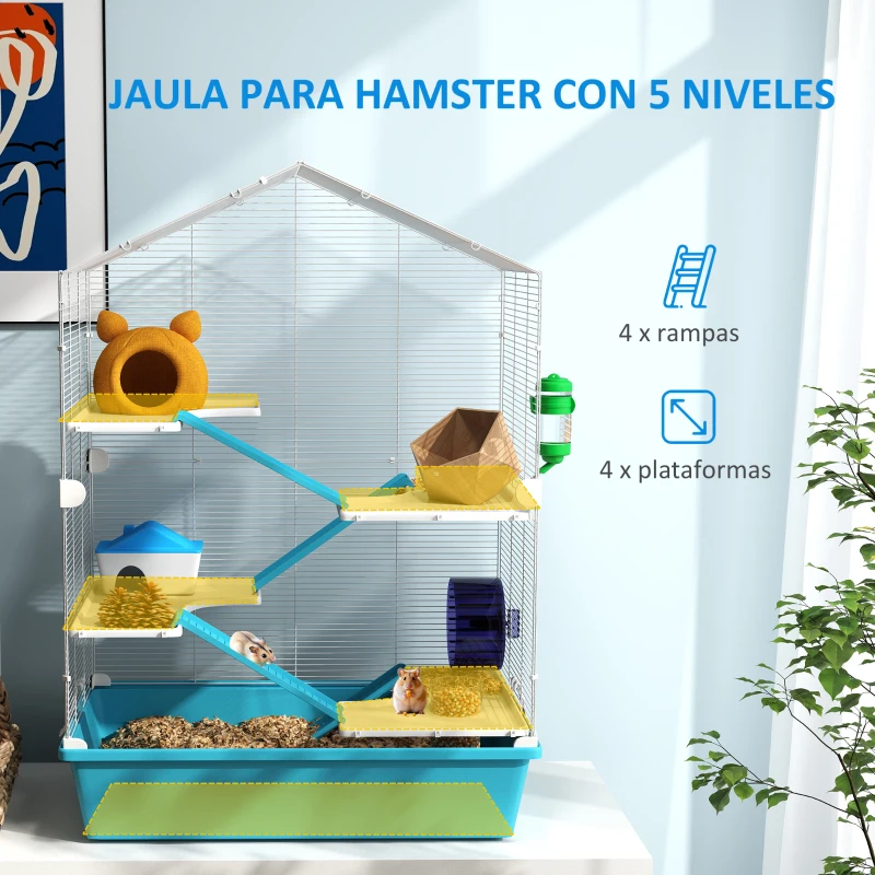 PawHut Jaula para Hámster de 5 Niveles con Plataformas Cuenco Bebedero Casita Rampas y Rueda de Ejercicio 58x36x81cm Azul Claro