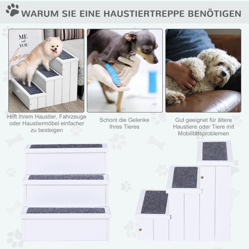 PawHut Hundetreppe 3 Stufen Katzentreppe Haustiertreppe Hundetreppe für Hunde und Katzen Tiertreppe Einstiegshilfe mit Teppich Stauraum für Sofa Bett Tannenholz Weiß 40,5 x 44,5 x 38 cm