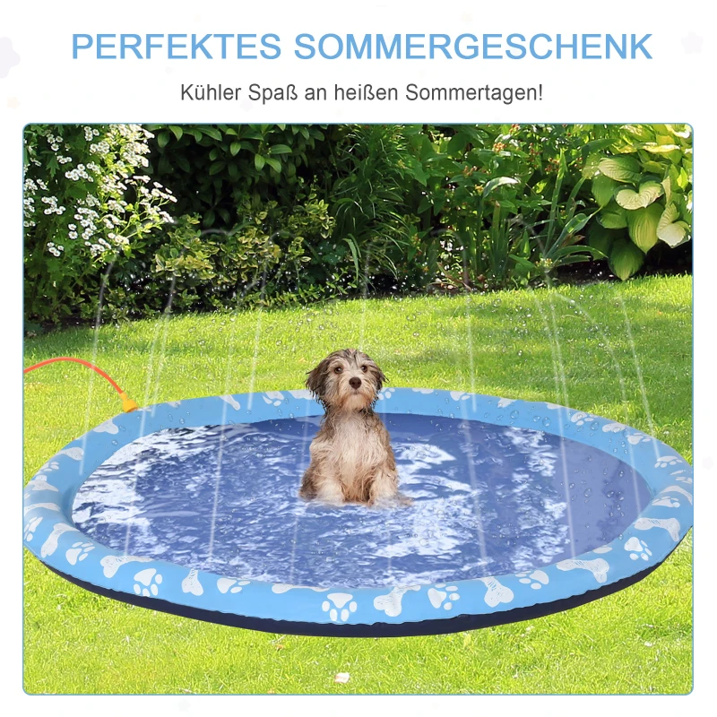 PawHut Hundepool, Planschbecken, mit Wasserdüse, rund, rutschfest, blau, Ø170 cm